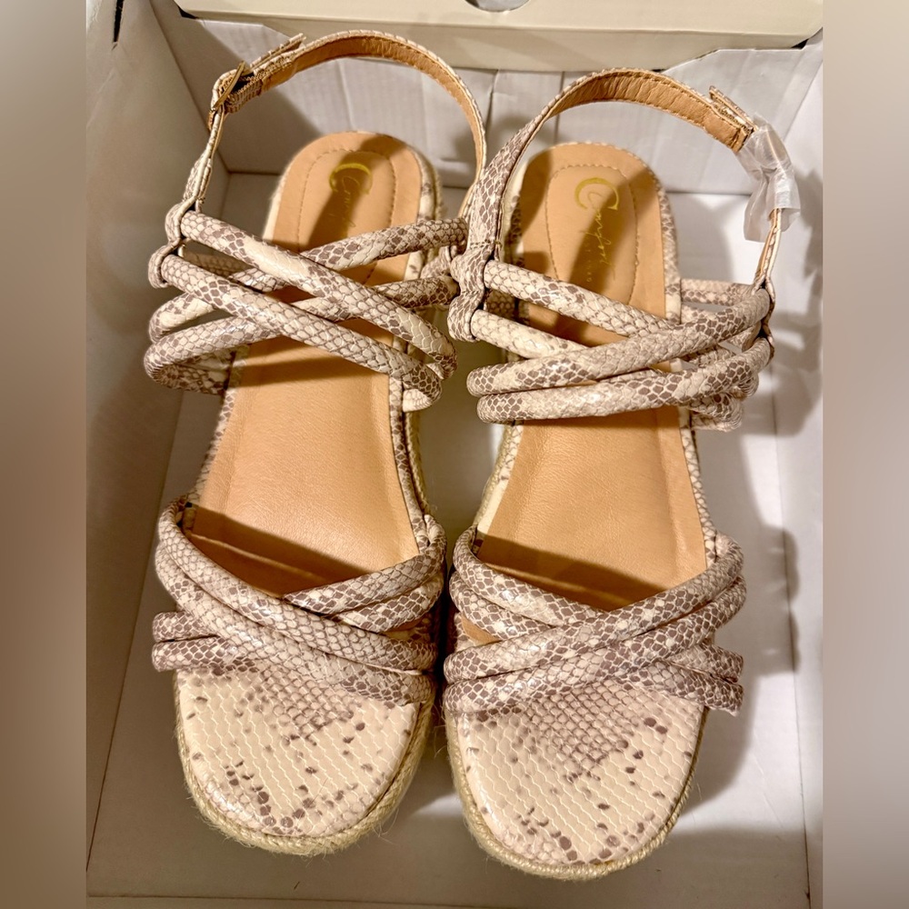 Cato Stylish Beige Snake Print Sandals, size 7